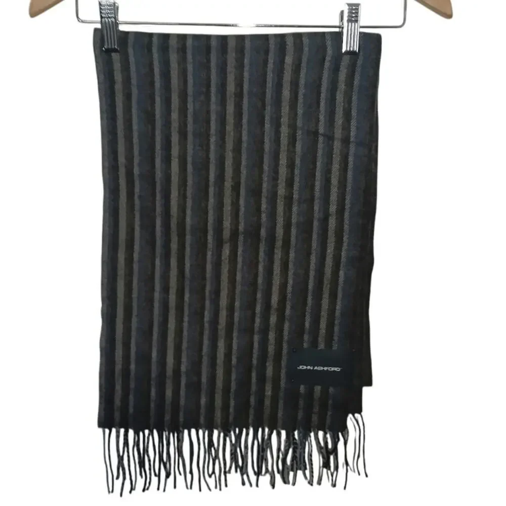 John Ashford Gray Black Striped Fringe Scarf Men’s Winter Muffler 12